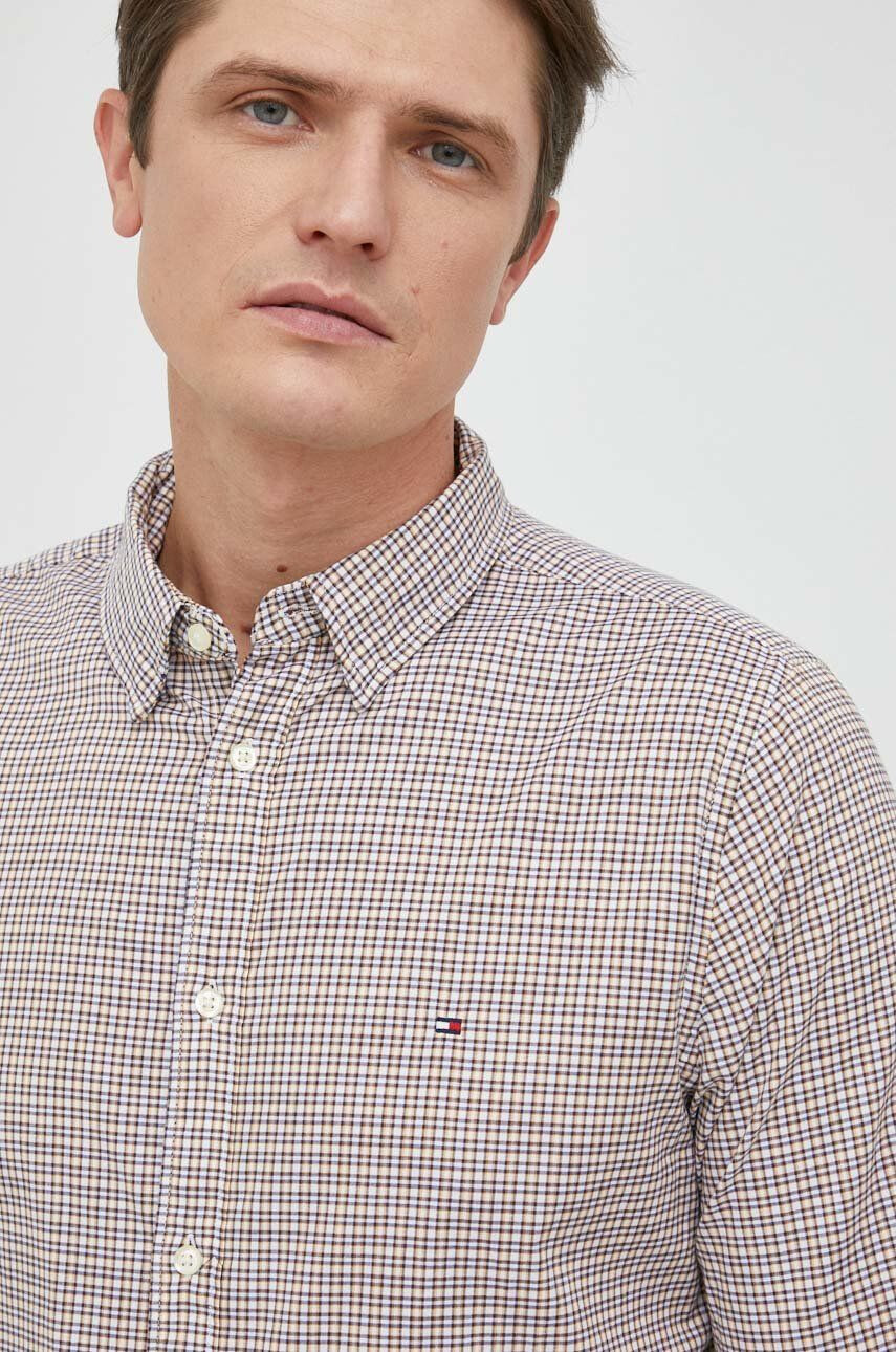 Tommy Hilfiger Bavlněné tričko béžová barva slim s límečkem button-down - Pepit.cz