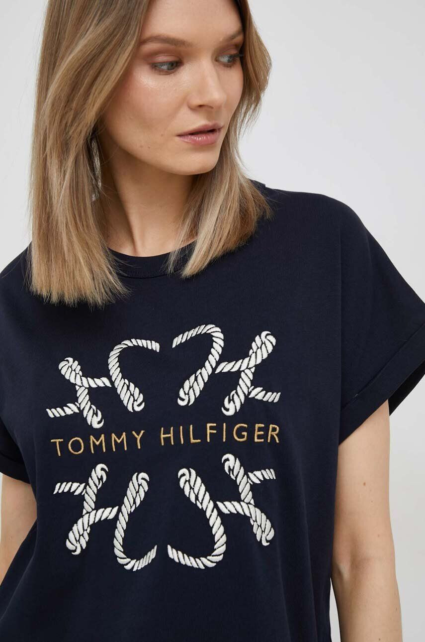 Tommy Hilfiger Bavlněné tričko tmavomodrá barva s potiskem - Pepit.cz