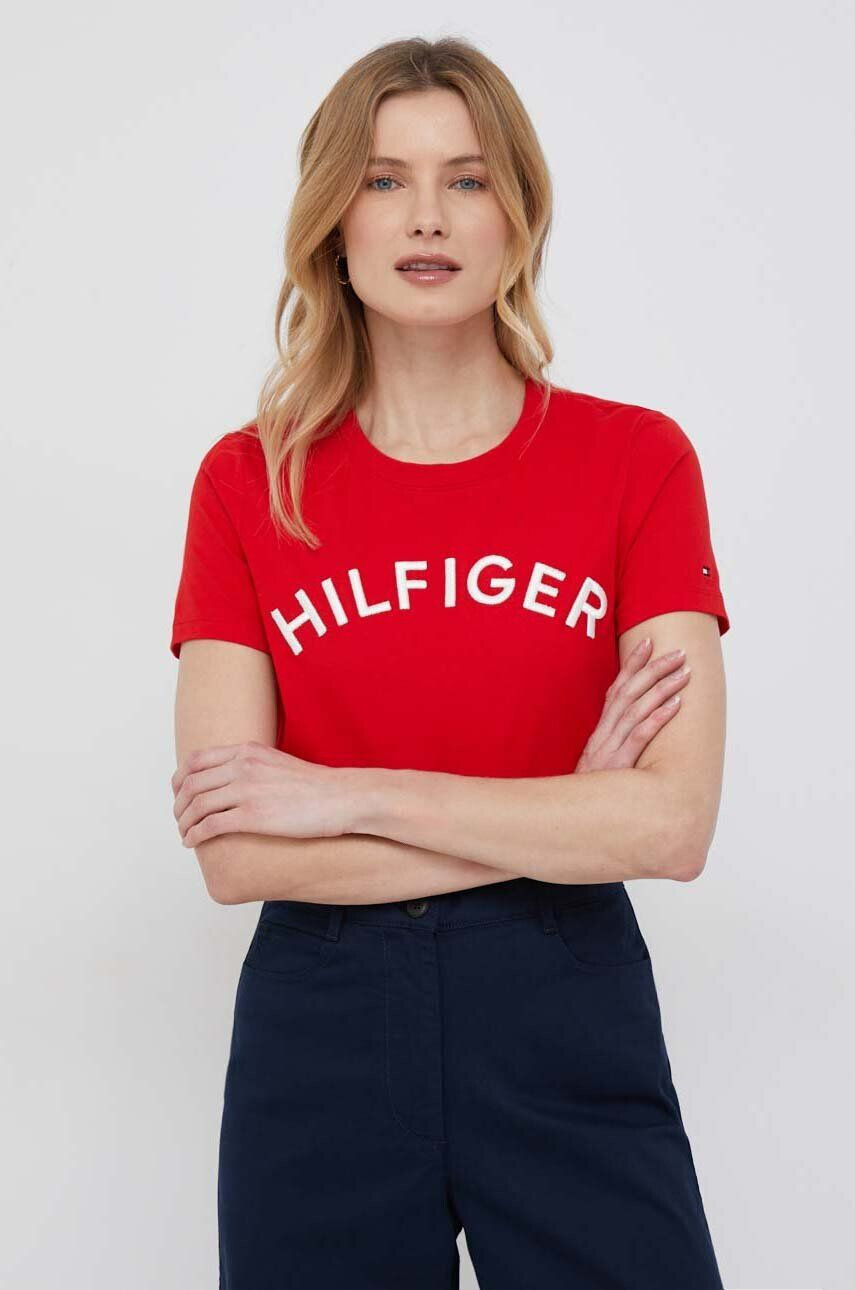 Tommy Hilfiger Bavlněné tričko červená barva - Pepit.cz