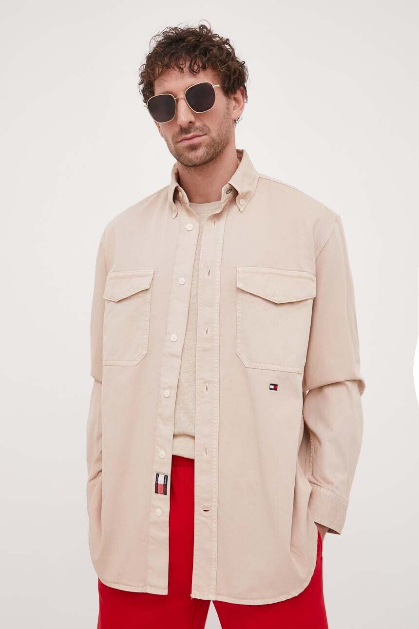 Tommy Hilfiger Džínová košile x Shawn Mendes pánská béžová barva relaxed s límečkem button-down - Pepit.cz