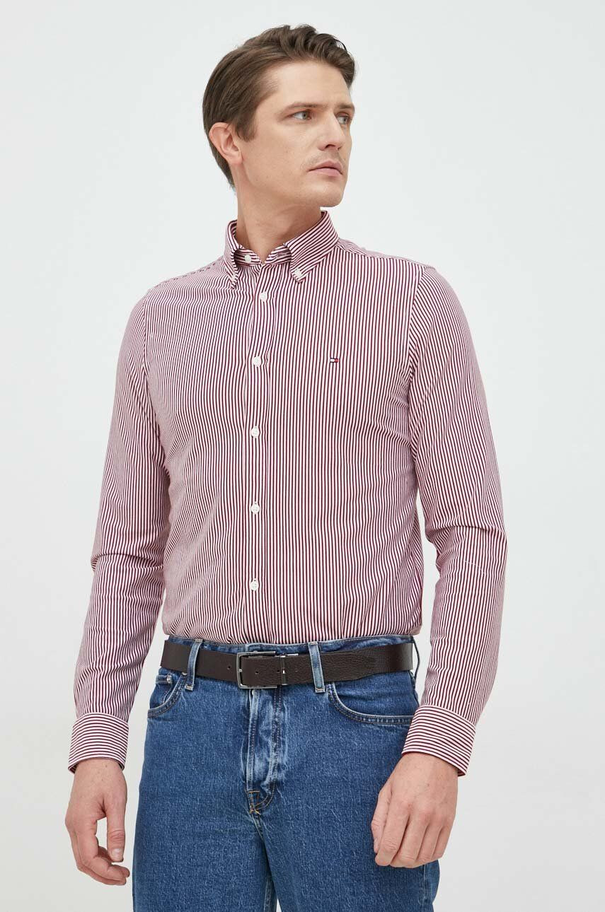 Tommy Hilfiger Košile pánská vínová barva slim s límečkem button-down - Pepit.cz