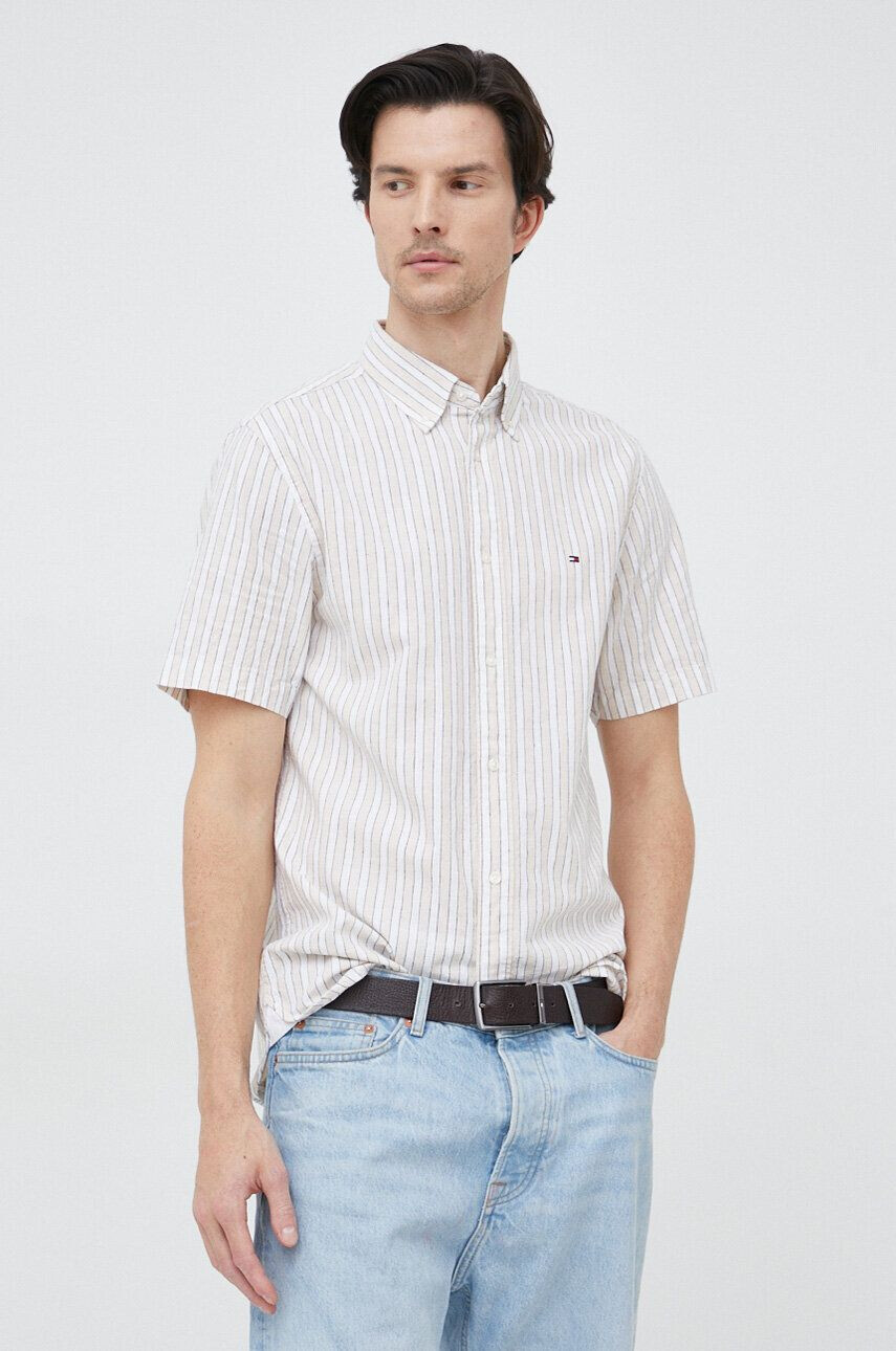 Tommy Hilfiger Košile s příměsí lnu béžová barva regular s límečkem button-down - Pepit.cz