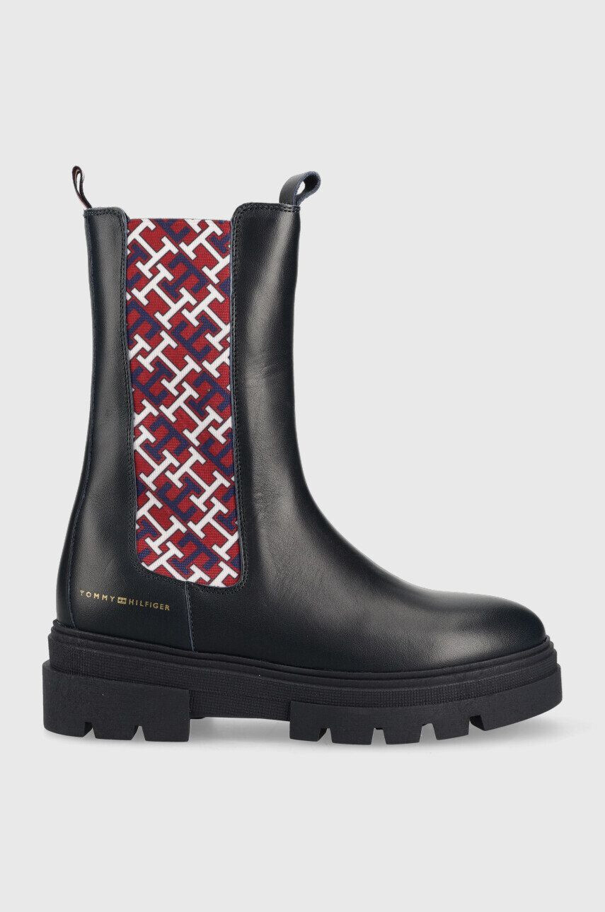 Tommy Hilfiger Kožené kotníkové boty Monogram Chelsea Boot dámské tmavomodrá barva na plochém podpatku - Pepit.cz