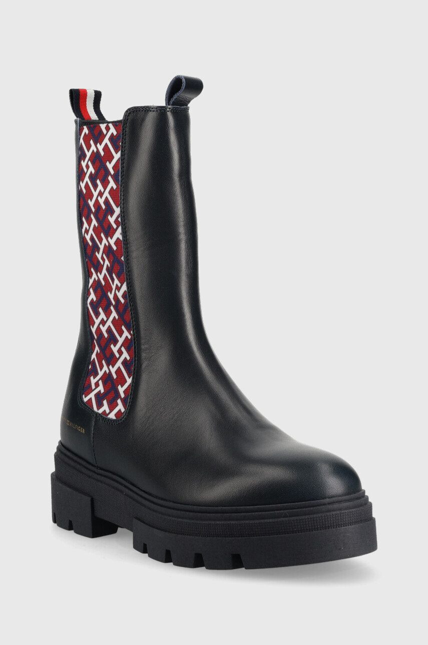 Tommy Hilfiger Kožené kotníkové boty Monogram Chelsea Boot dámské tmavomodrá barva na plochém podpatku - Pepit.cz