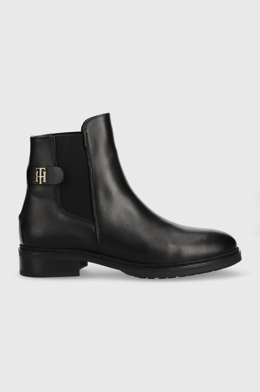 Tommy Hilfiger Kožené kotníkové boty Th Leather Flat Boot dámské černá barva na plochém podpatku - Pepit.cz