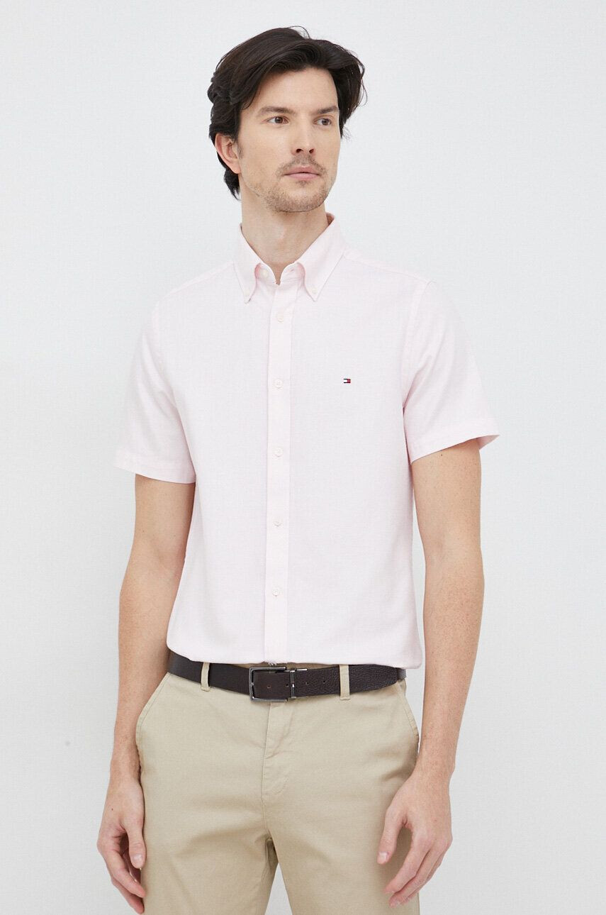 Tommy Hilfiger Lněná košile růžová barva regular s límečkem button-down - Pepit.cz