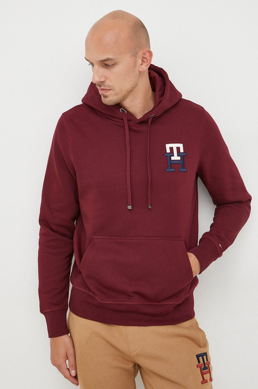 Tommy Hilfiger Mikina pánská vínová barva s aplikací - Pepit.cz