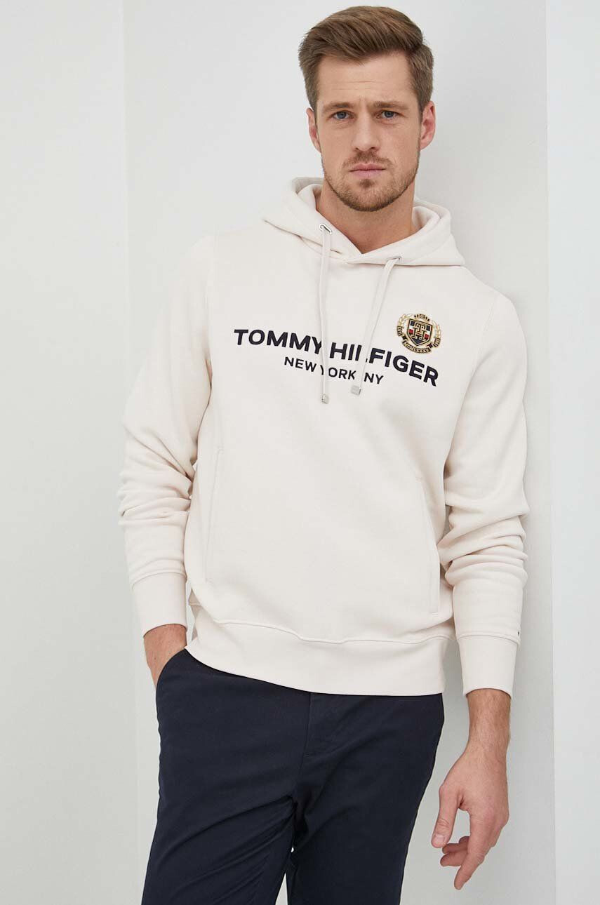 Tommy Hilfiger Mikina pánská béžová barva s kapucí s aplikací - Pepit.cz