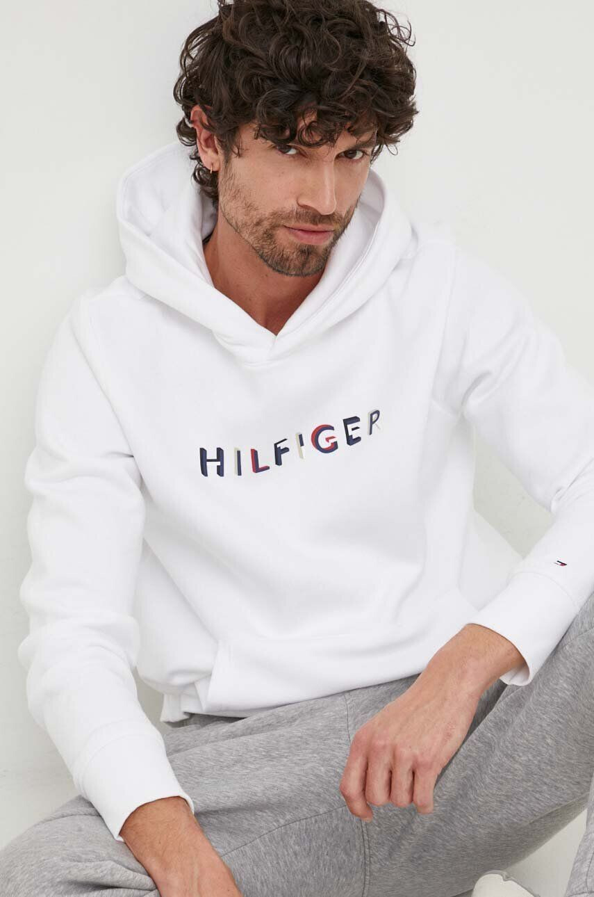 Tommy Hilfiger Mikina pánská bílá barva s kapucí vzorovaná - Pepit.cz