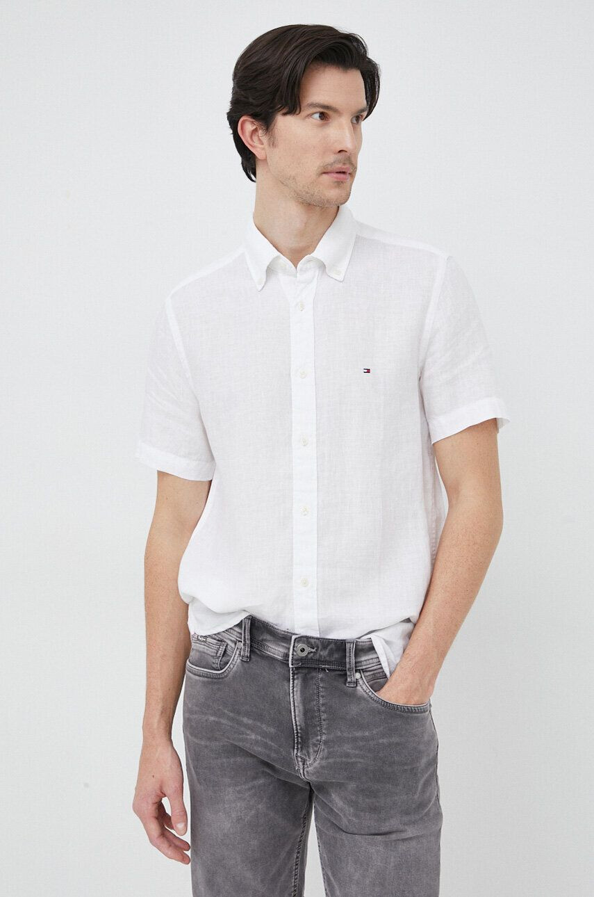 Tommy Hilfiger Plátěná košile bílá barva regular s límečkem button-down - Pepit.cz