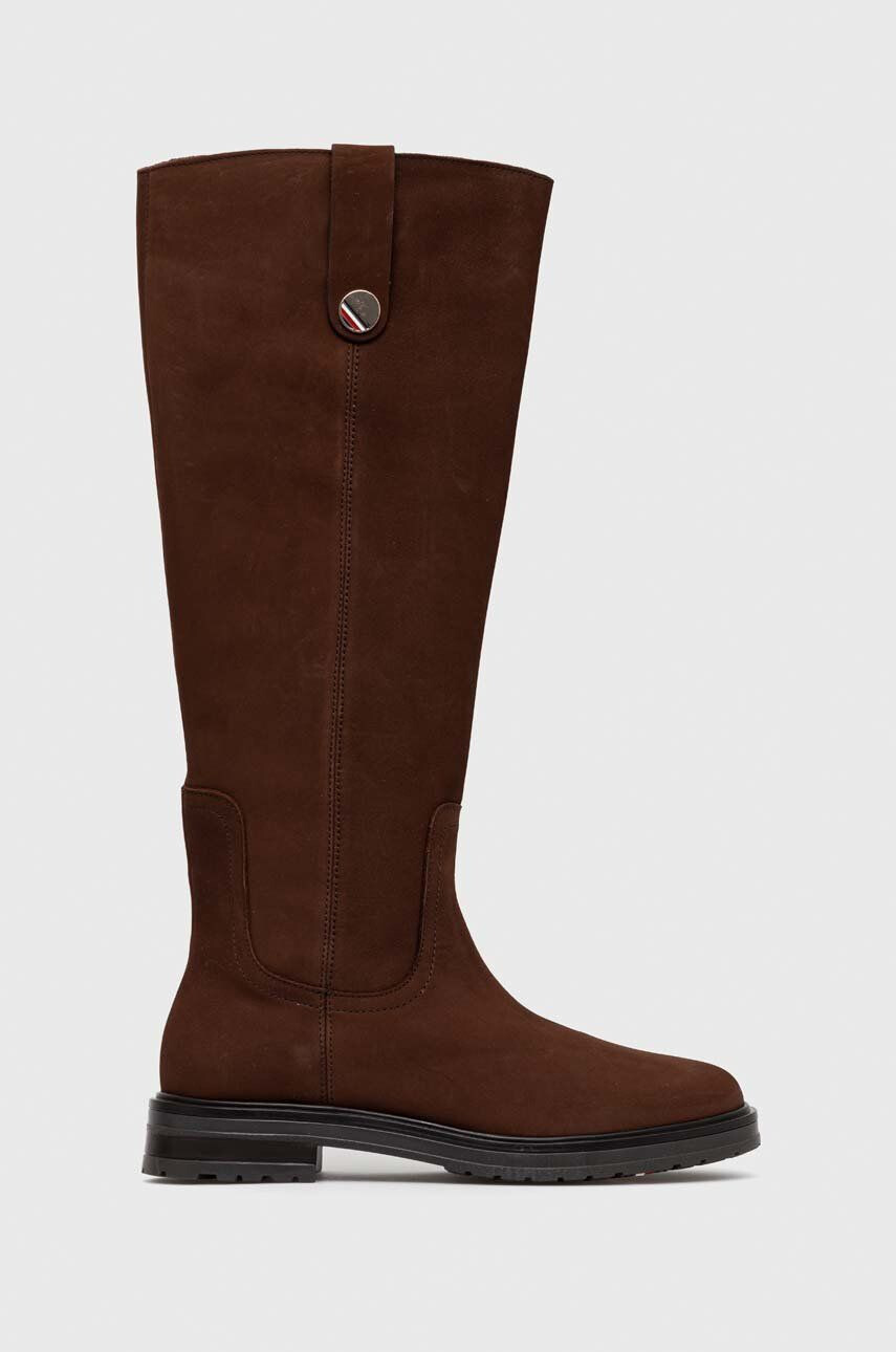 Tommy Hilfiger Semišové boty TH Coin Longboot dámské hnědá barva na plochém podpatku - Pepit.cz