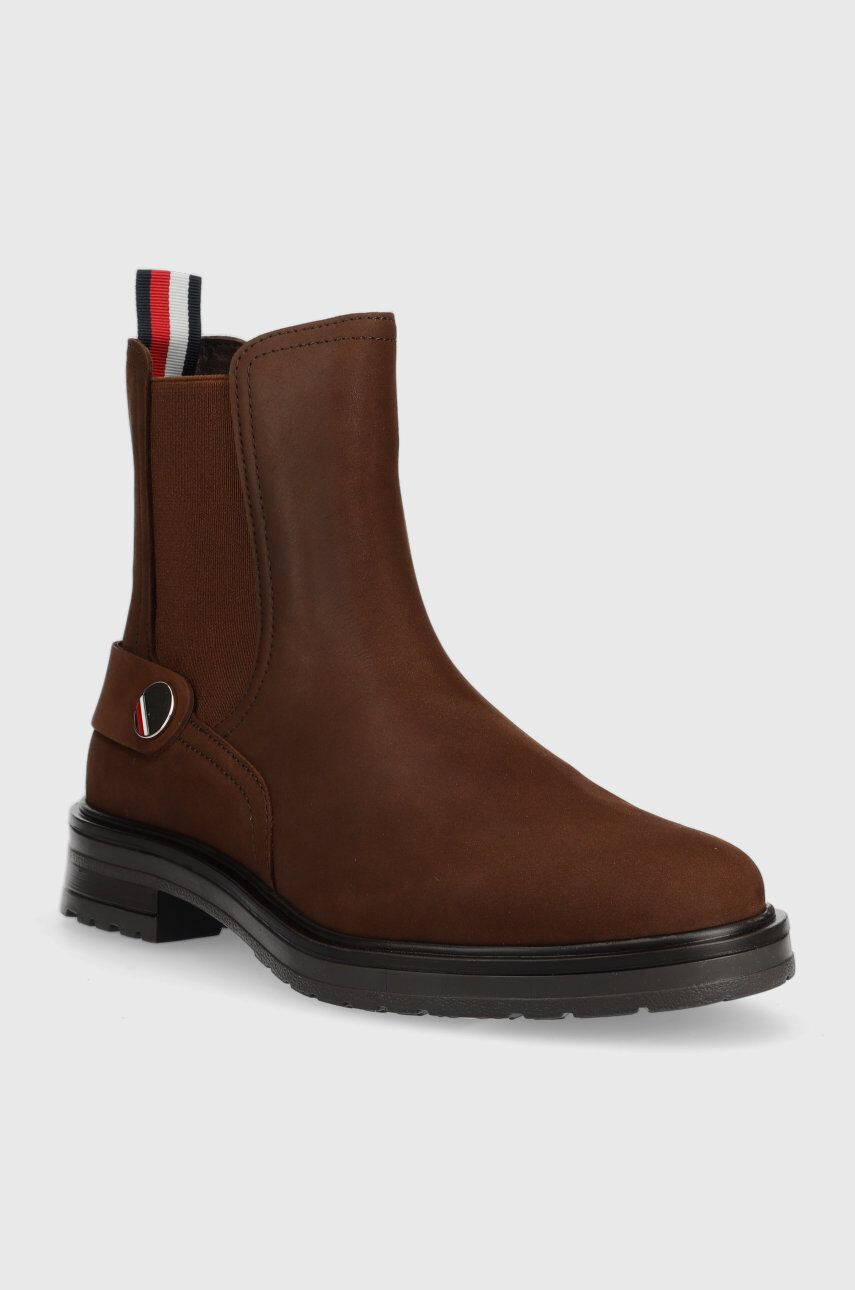 Tommy Hilfiger Semišové kotníkové boty Th Coin Flat Boot dámské hnědá barva na plochém podpatku - Pepit.cz