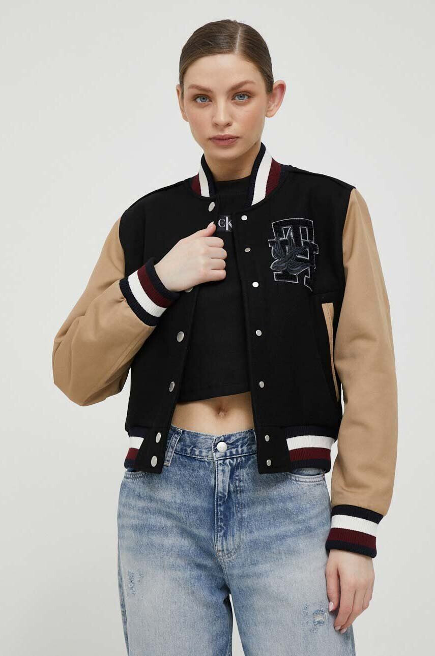 Tommy Hilfiger Vlněná bomber bunda černá barva přechodná - Pepit.cz