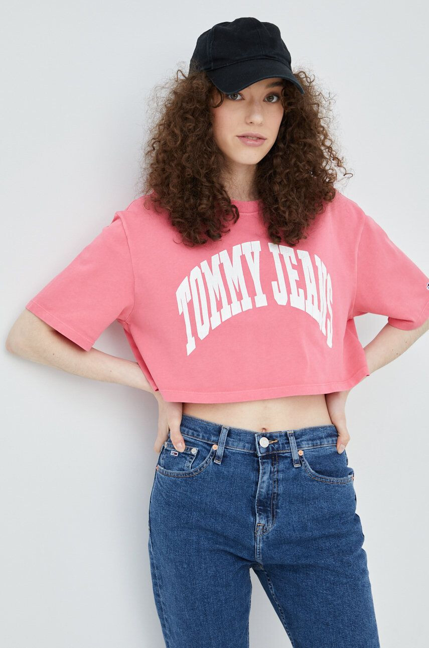 Tommy Jeans Bavlněné tričko růžová barva - Pepit.cz