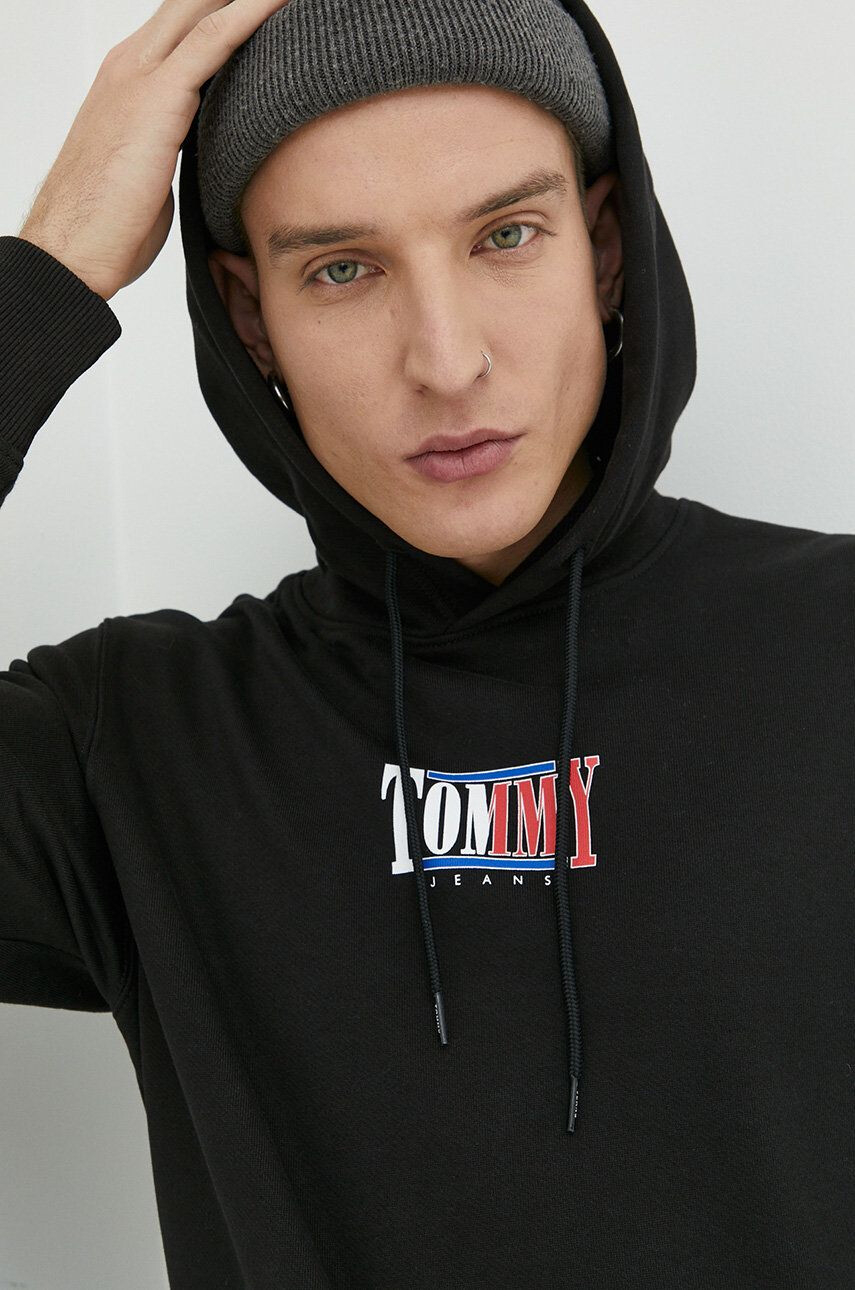 Tommy Jeans Bavlněná mikina pánská černá barva s potiskem - Pepit.cz