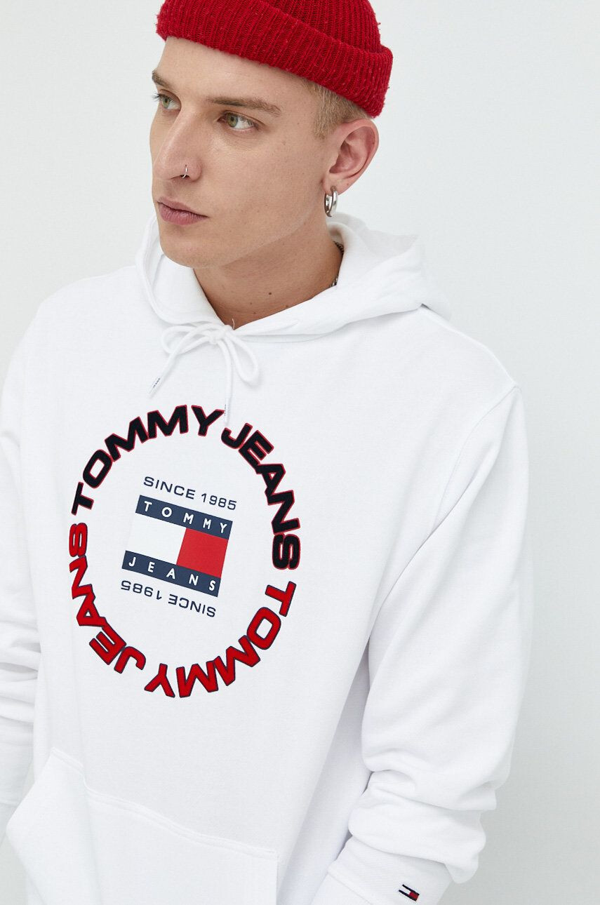 Tommy Jeans Bavlněná mikina pánská oranžová barva s kapucí s potiskem - Pepit.cz