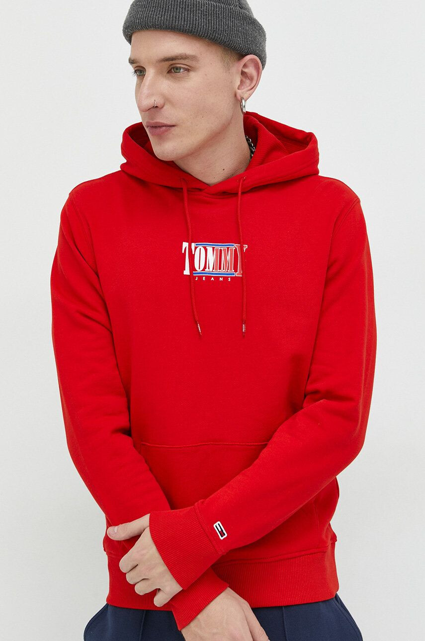 Tommy Jeans Bavlněná mikina pánská červená barva s potiskem - Pepit.cz