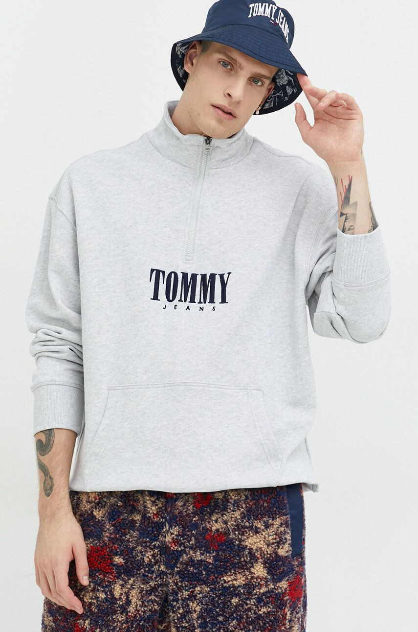 Tommy Jeans Bavlněná mikina pánská šedá barva melanžová - Pepit.cz