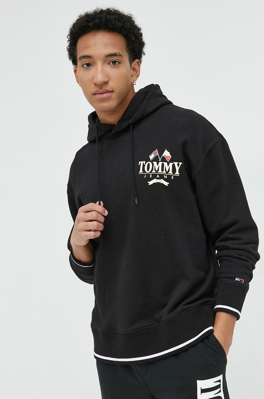 Tommy Jeans Bavlněná mikina pánská černá barva s kapucí s potiskem - Pepit.cz