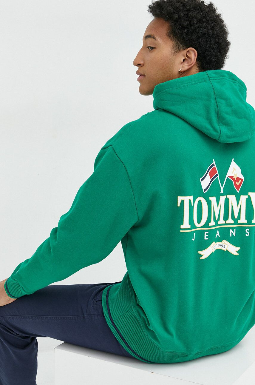 Tommy Jeans Bavlněná mikina pánská zelená barva s kapucí s potiskem - Pepit.cz