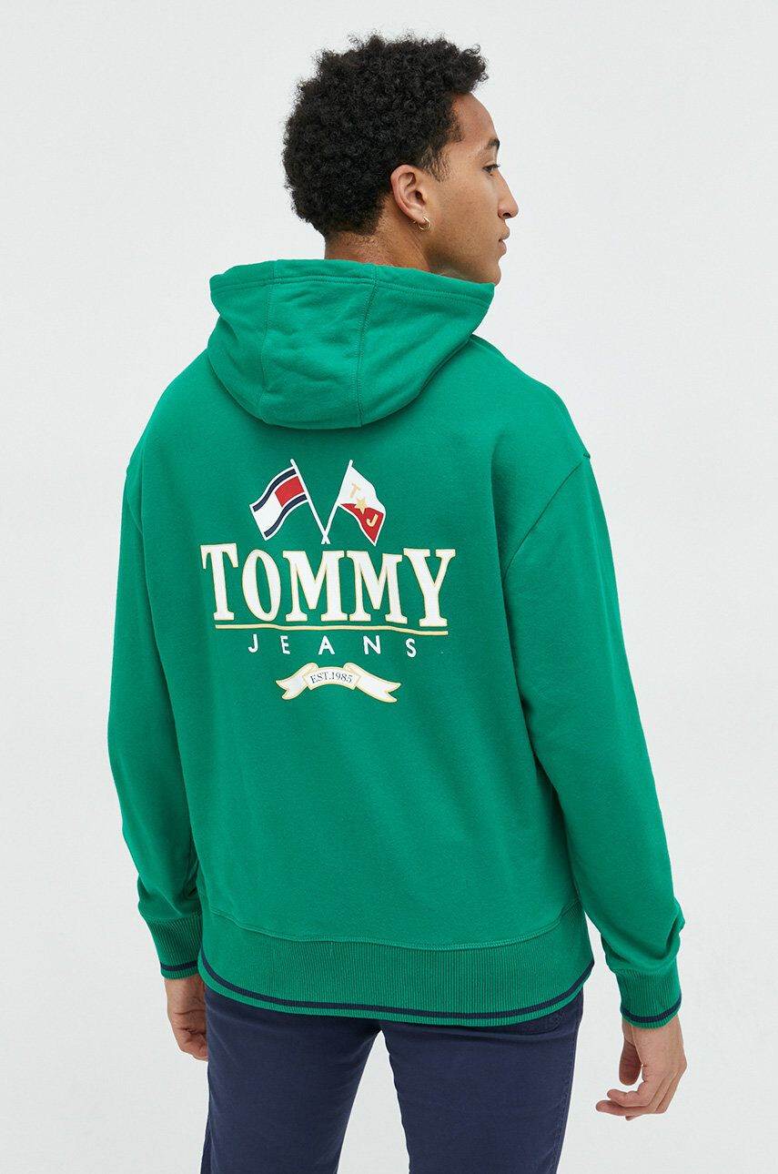 Tommy Jeans Bavlněná mikina pánská zelená barva s kapucí s potiskem - Pepit.cz