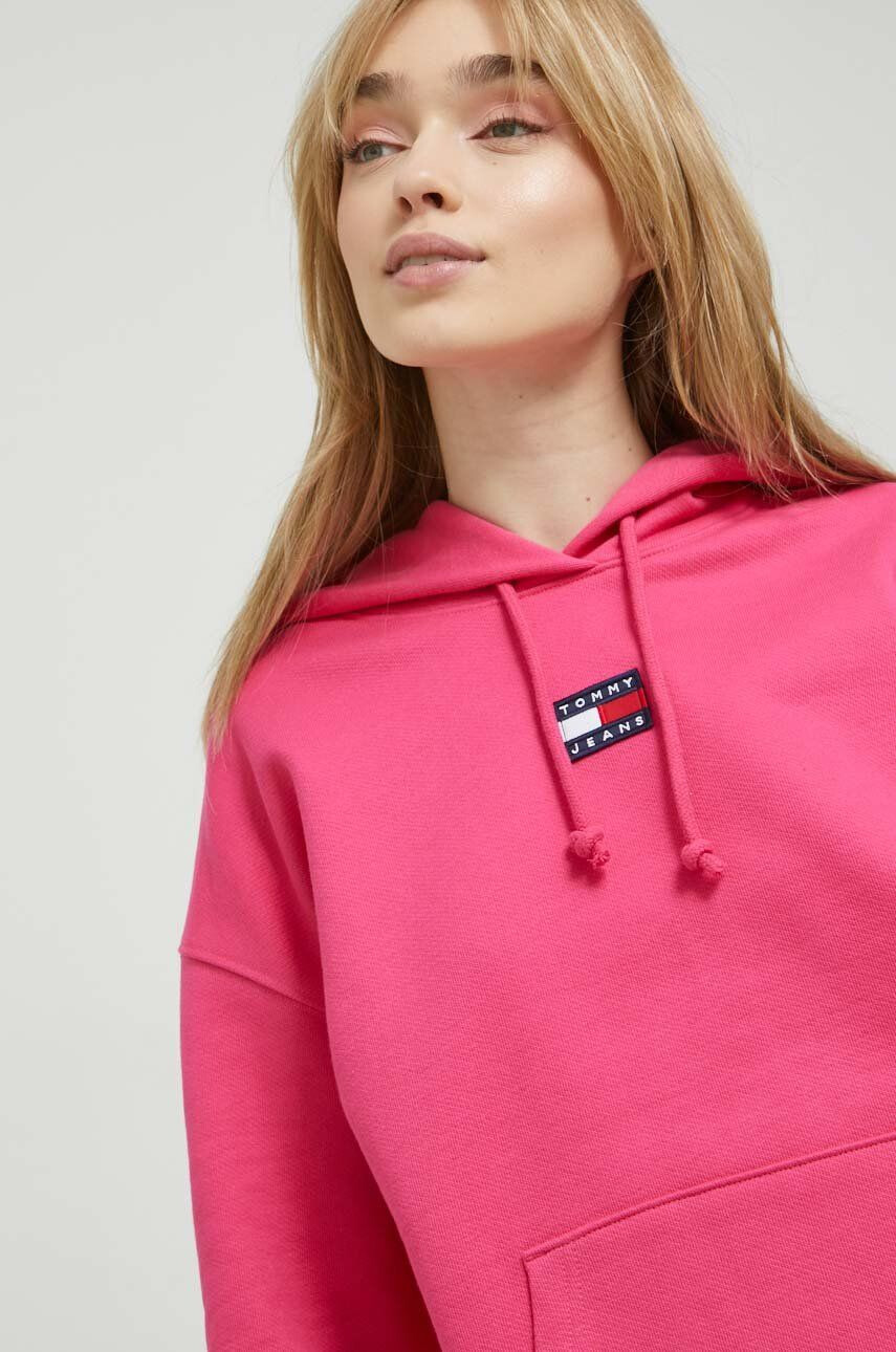 Tommy Jeans Bavlněná mikina dámská růžová barva s kapucí s aplikací - Pepit.cz