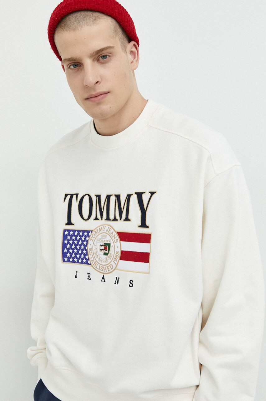 Tommy Jeans Bavlněná mikina pánská béžová barva s aplikací - Pepit.cz