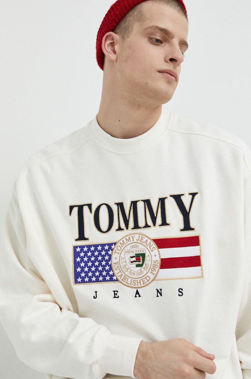 Tommy Jeans Bavlněná mikina pánská béžová barva s aplikací - Pepit.cz