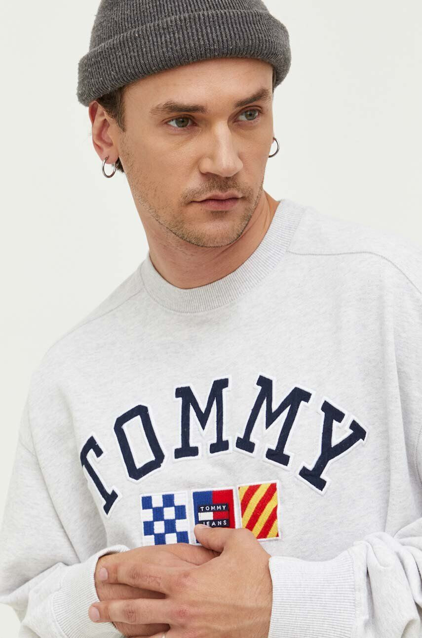 Tommy Jeans Bavlněná mikina pánská šedá barva melanžová - Pepit.cz