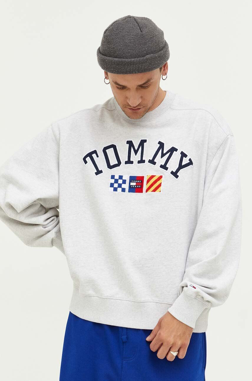 Tommy Jeans Bavlněná mikina pánská šedá barva melanžová - Pepit.cz