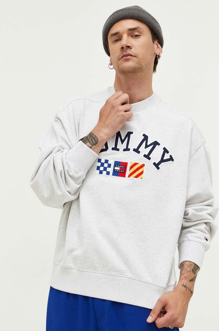 Tommy Jeans Bavlněná mikina pánská šedá barva melanžová - Pepit.cz