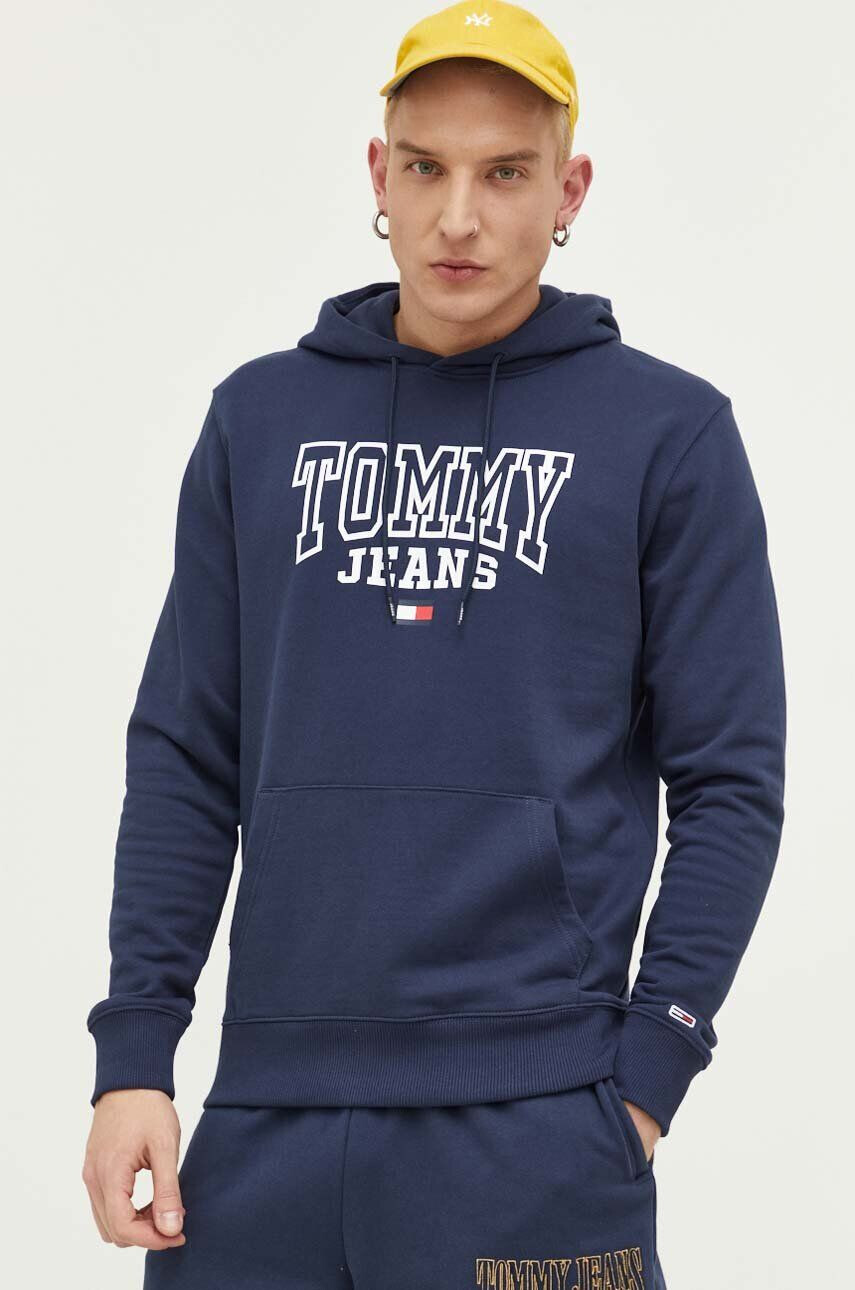 Tommy Jeans Bavlněná mikina pánská tmavomodrá barva s kapucí s potiskem - Pepit.cz