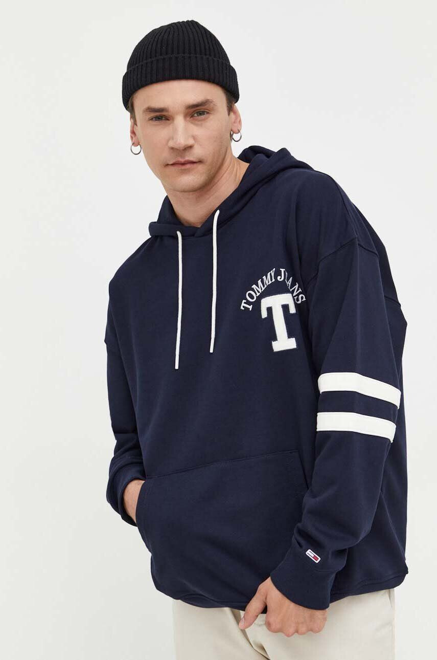 Tommy Jeans Bavlněná mikina pánská tmavomodrá barva s kapucí s aplikací - Pepit.cz