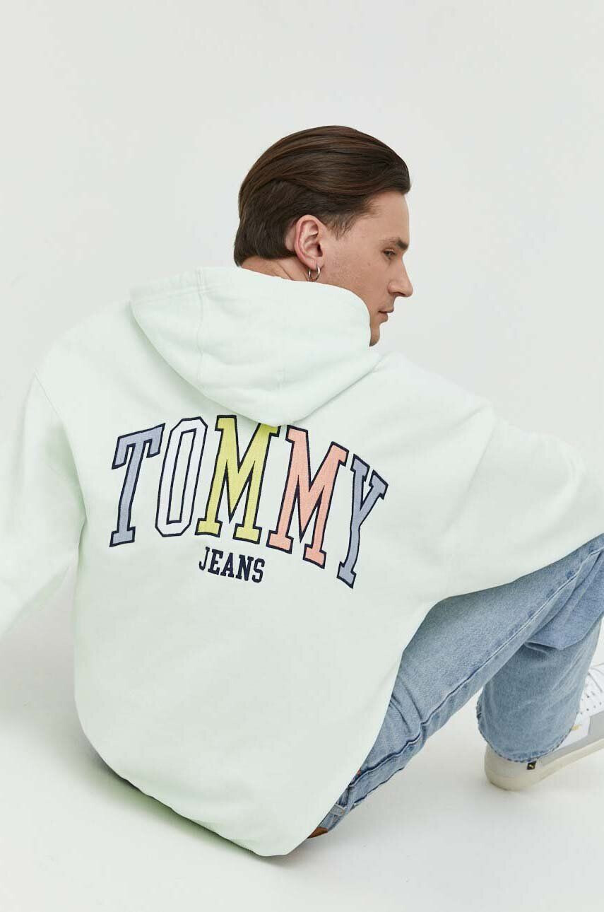 Tommy Jeans Bavlněná mikina pánská zelená barva s kapucí hladká - Pepit.cz