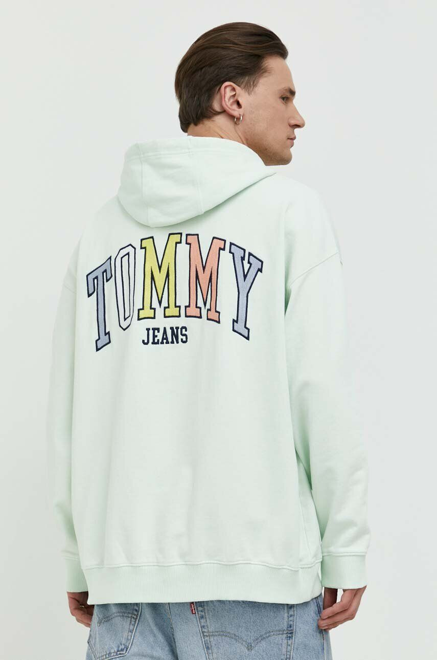 Tommy Jeans Bavlněná mikina pánská zelená barva s kapucí hladká - Pepit.cz