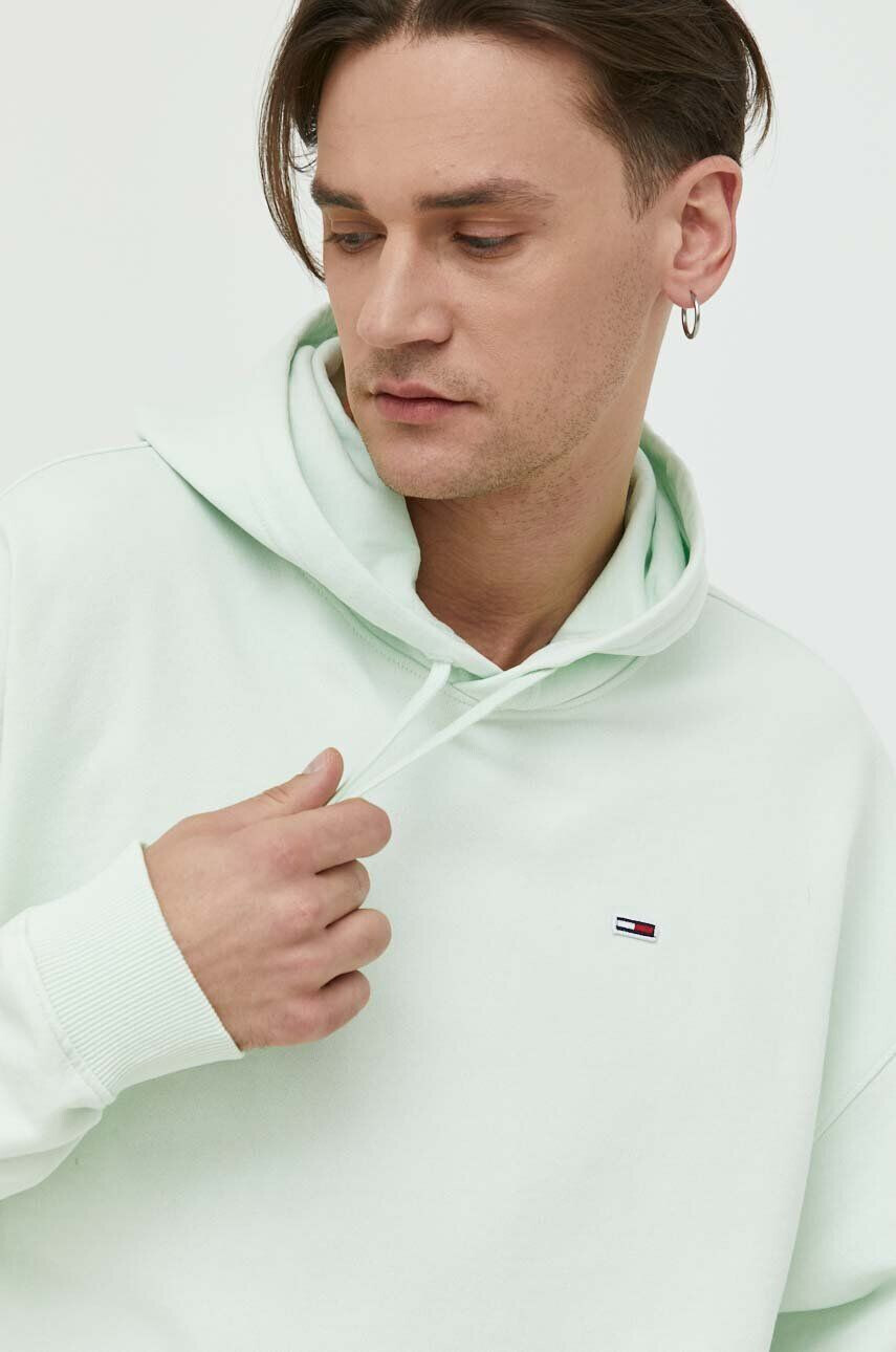 Tommy Jeans Bavlněná mikina pánská zelená barva s kapucí hladká - Pepit.cz