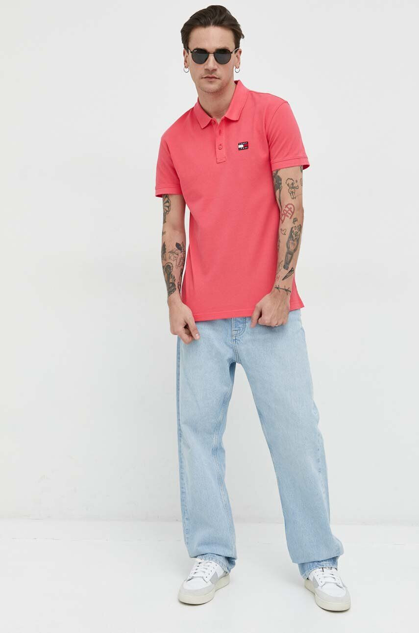 Tommy Jeans Bavlněné polo tričko růžová barva s aplikací - Pepit.cz