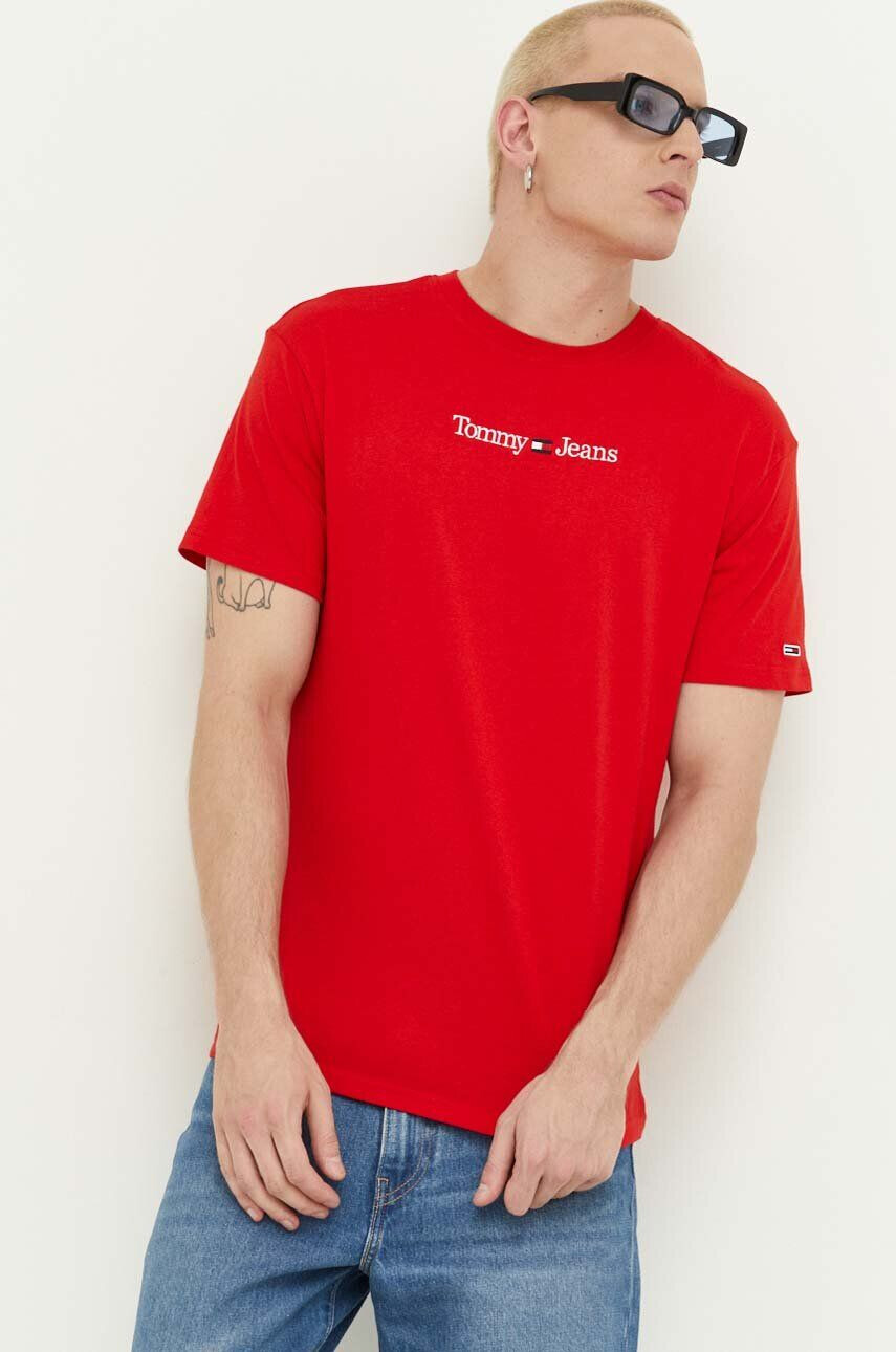 Tommy Jeans Bavlněné tričko tyrkysová barva s aplikací - Pepit.cz