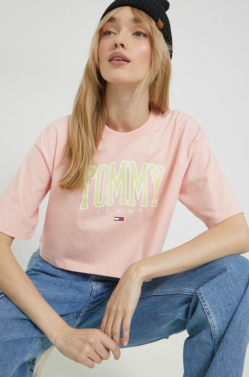 Tommy Jeans Bavlněné tričko růžová barva - Pepit.cz