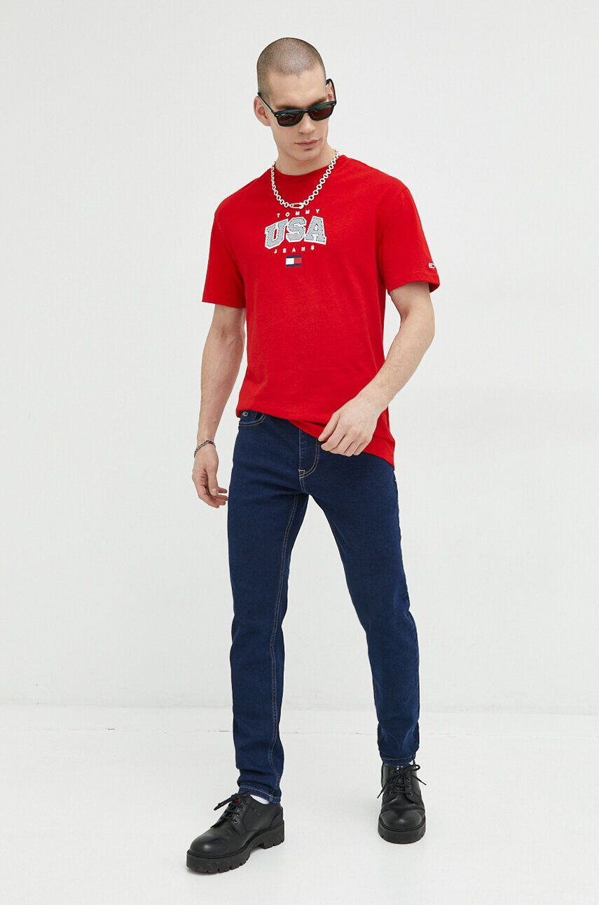 Tommy Jeans Bavlněné tričko červená barva s potiskem - Pepit.cz