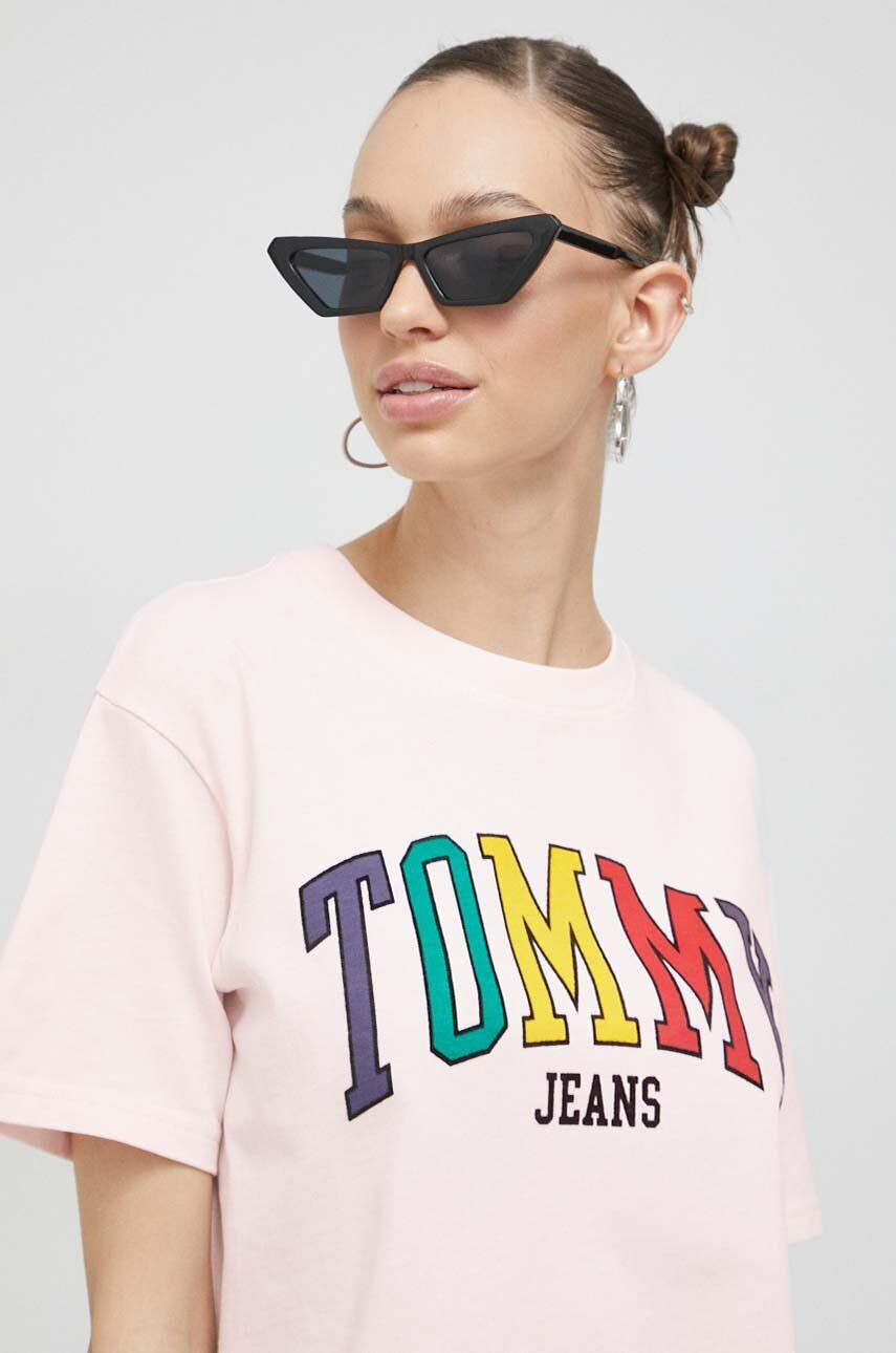 Tommy Jeans Bavlněné tričko béžová barva s aplikací - Pepit.cz