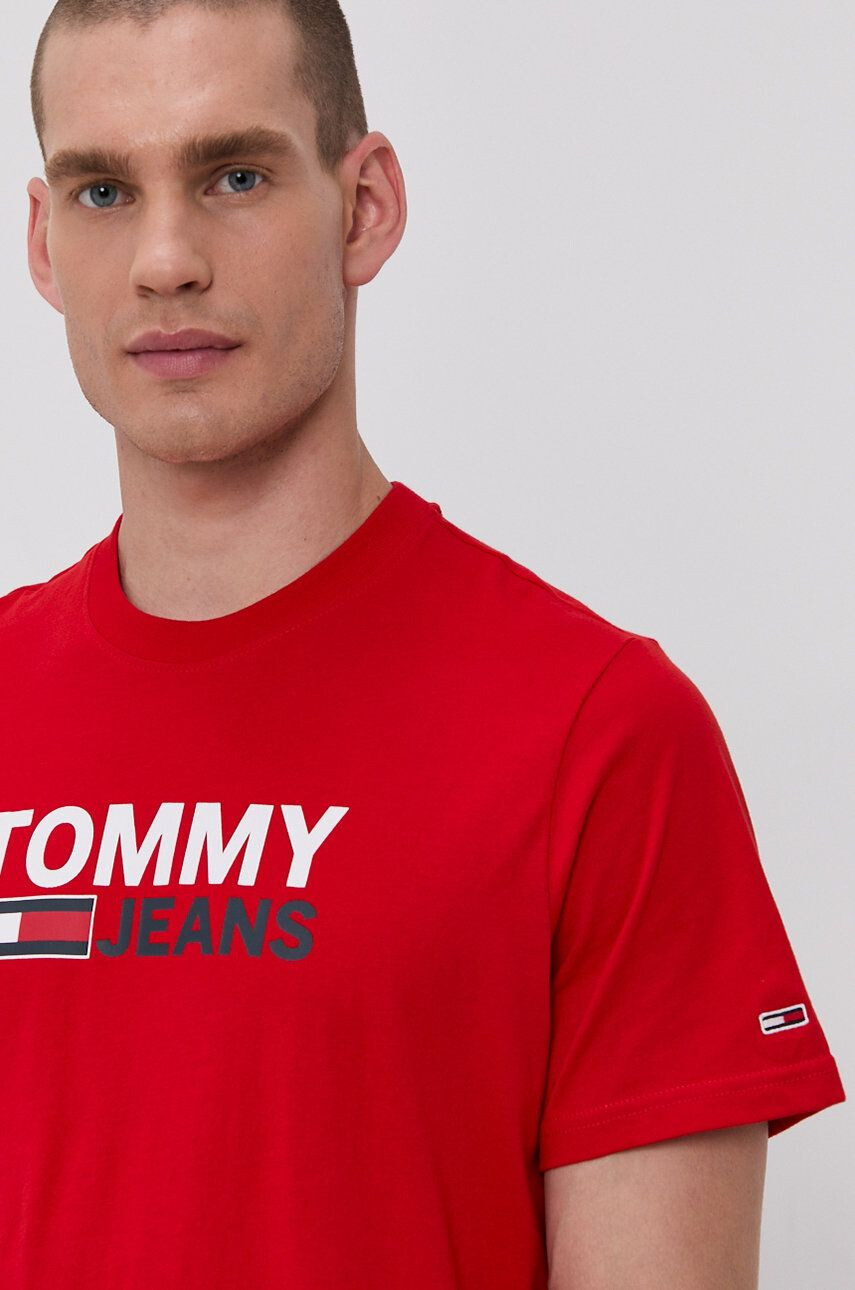 Tommy Jeans Bavlněné tričko červená barva s potiskem - Pepit.cz