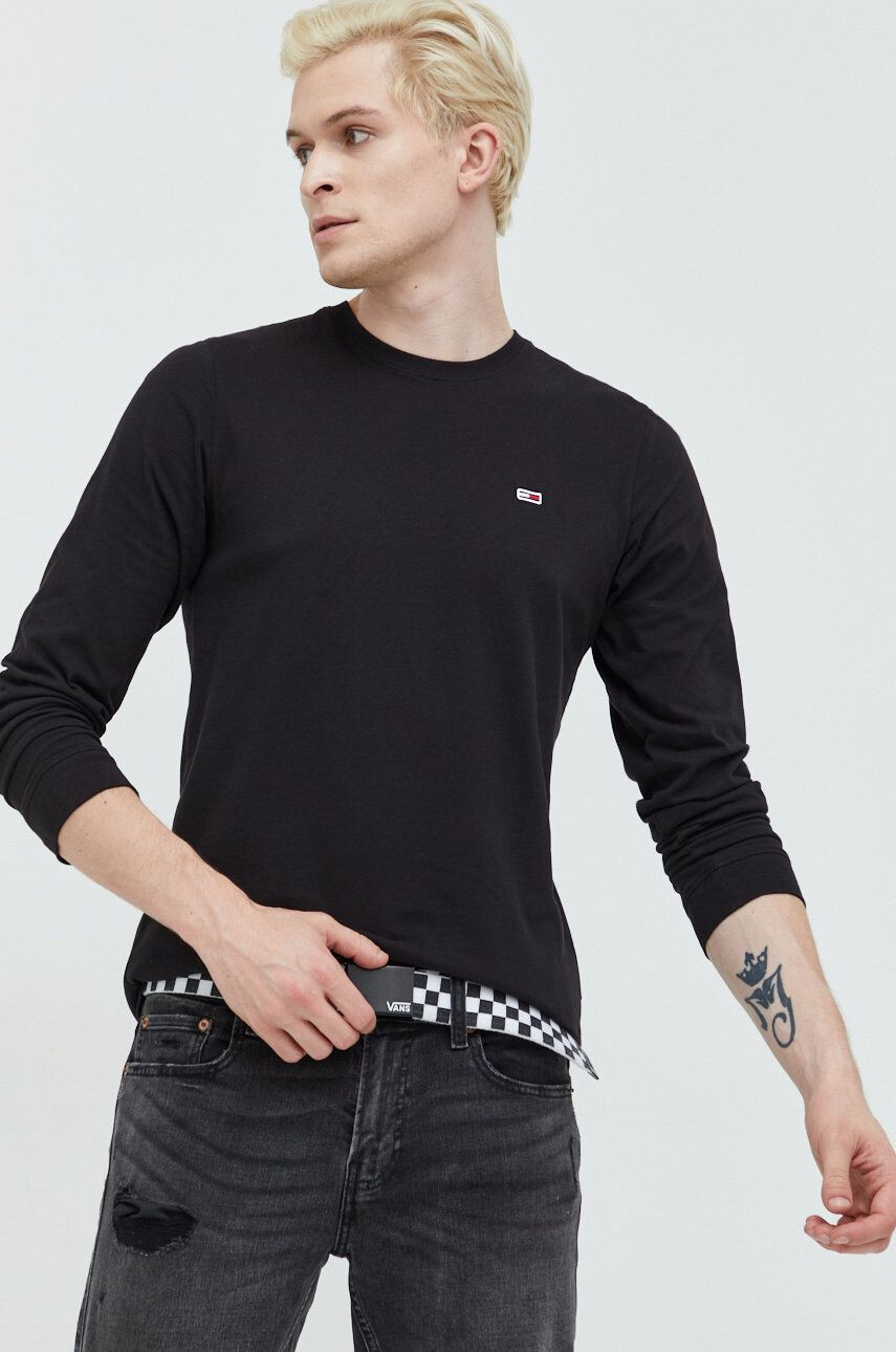 Tommy Jeans Bavlněné tričko s dlouhým rukávem černá barva - Pepit.cz