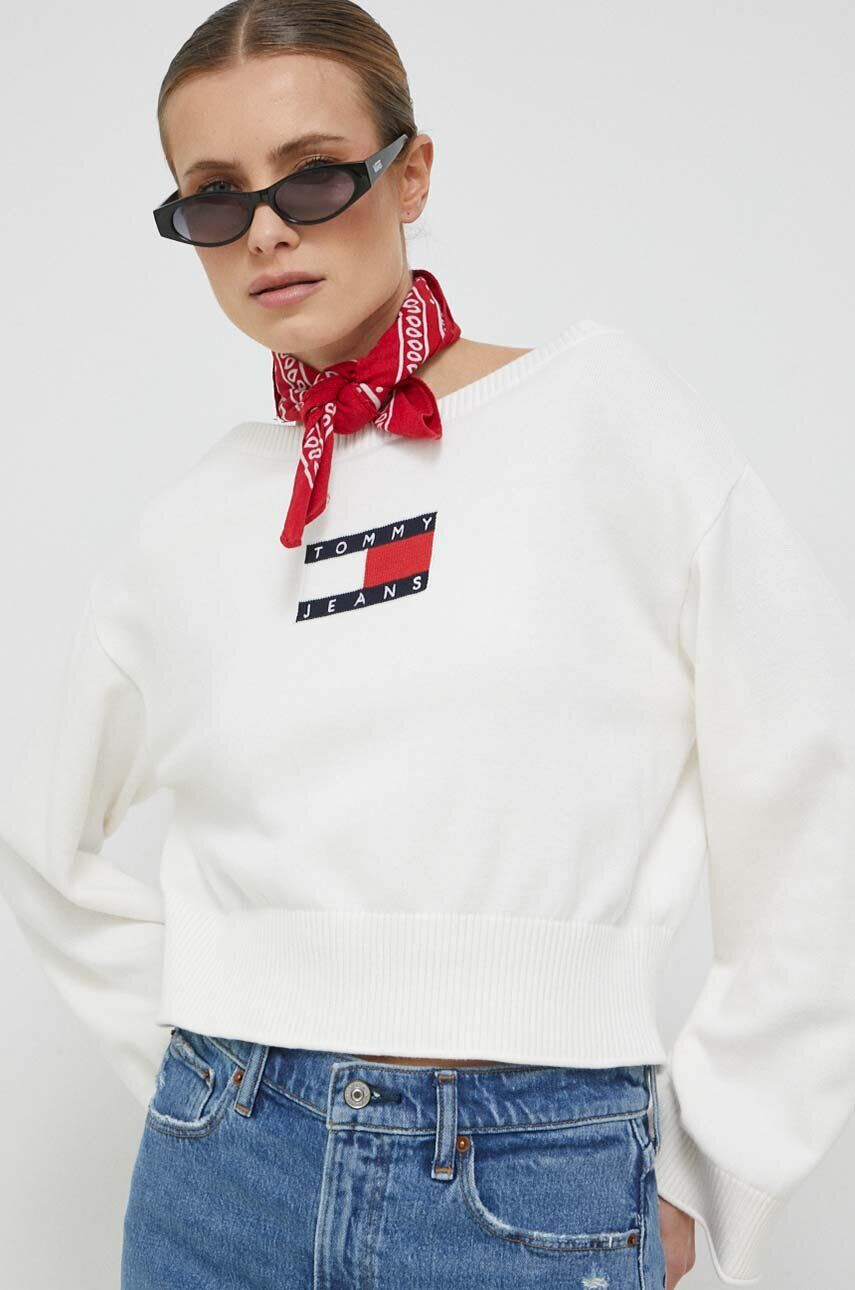 Tommy Jeans Bavlněný svetr bílá barva lehký - Pepit.cz