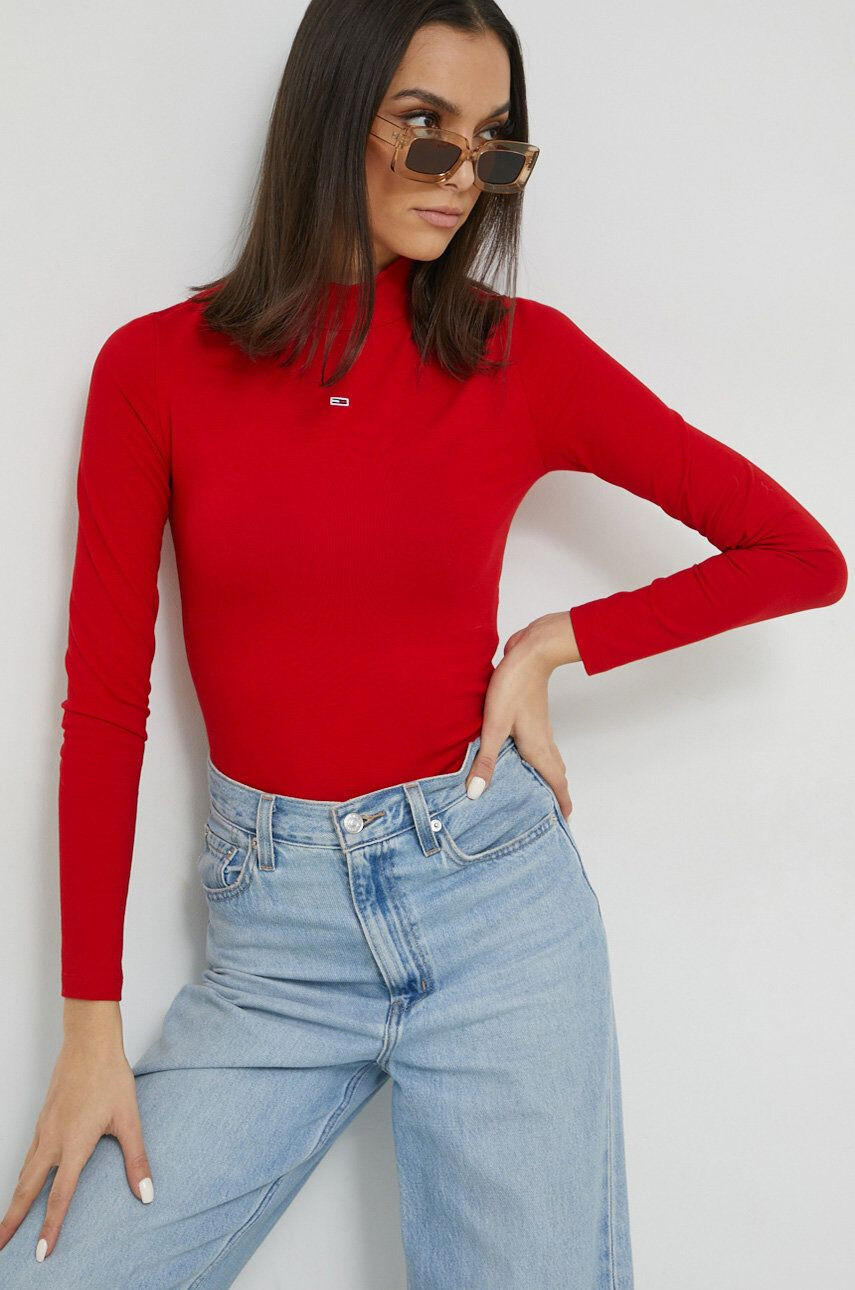 Tommy Jeans Body dámské červená barva s pologolfem - Pepit.cz