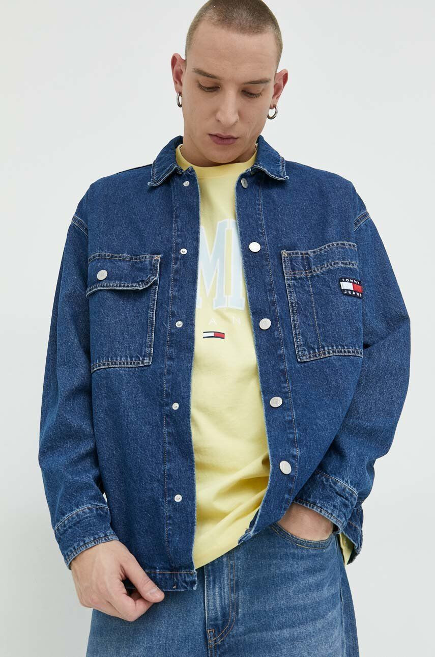 Tommy Jeans Džínová bunda pánská tmavomodrá barva přechodná oversize - Pepit.cz