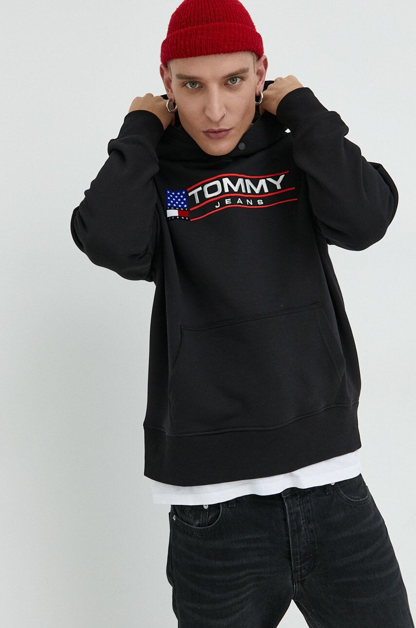 Tommy Jeans Mikina pánská černá barva s kapucí s aplikací - Pepit.cz