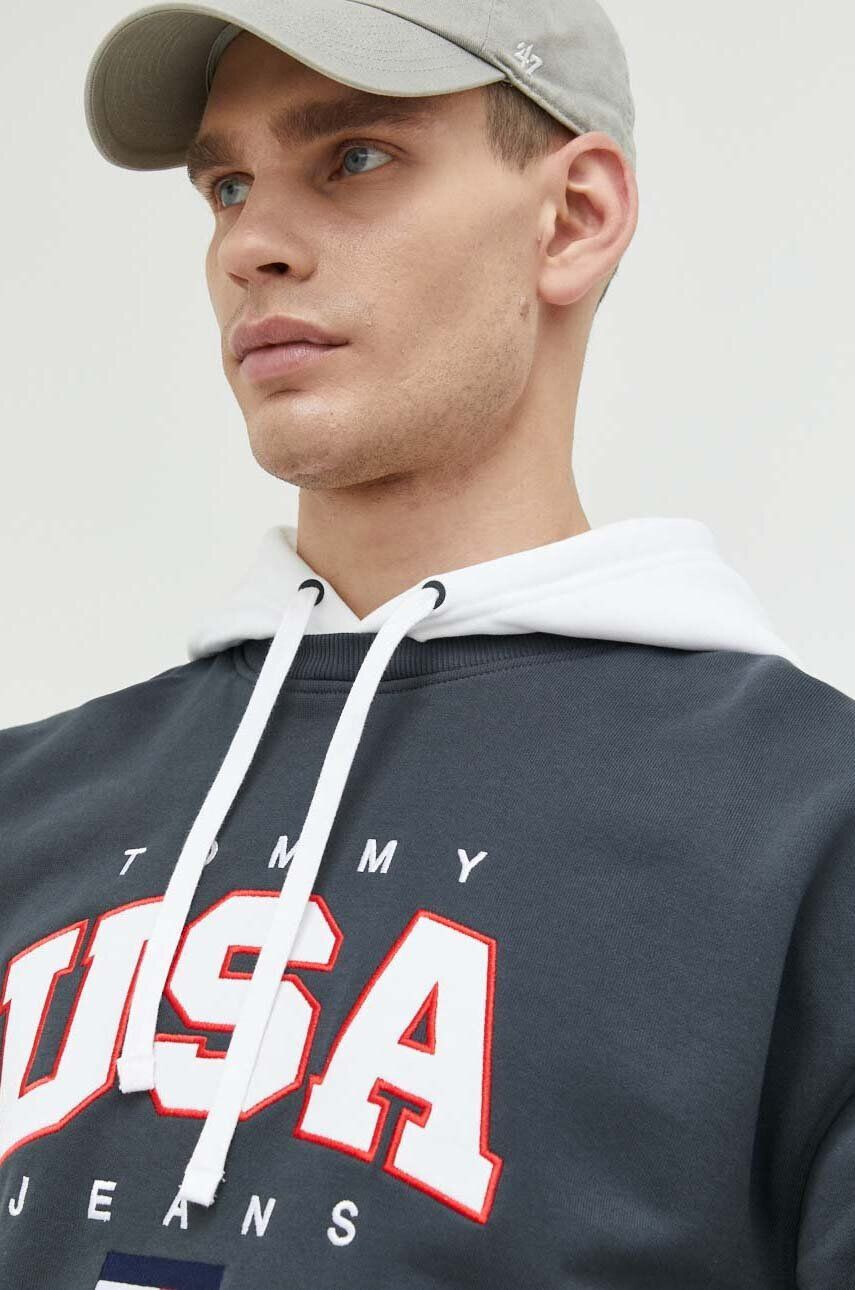 Tommy Jeans Mikina pánská šedá barva s kapucí s aplikací - Pepit.cz