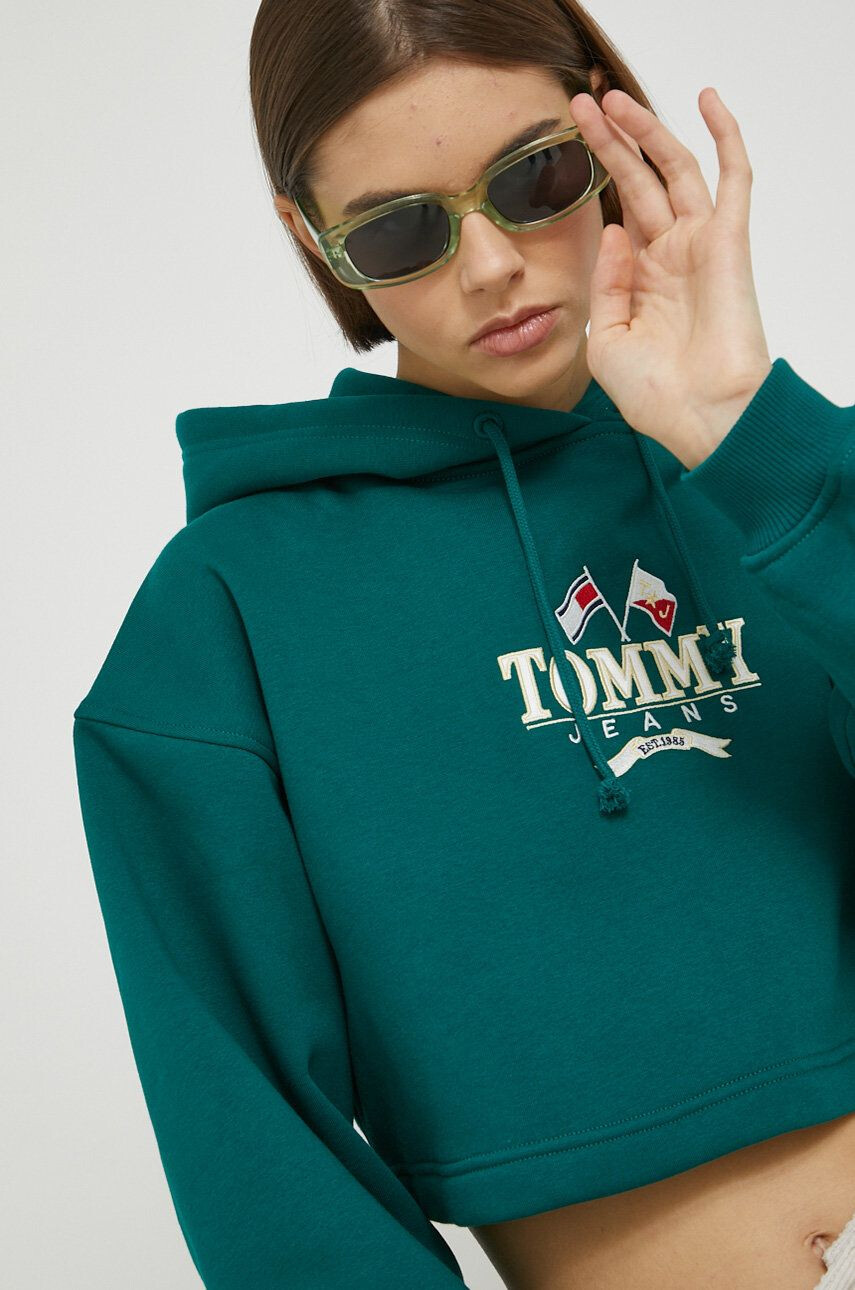 Tommy Jeans mikina dámská zelená barva s kapucí s aplikací - Pepit.cz