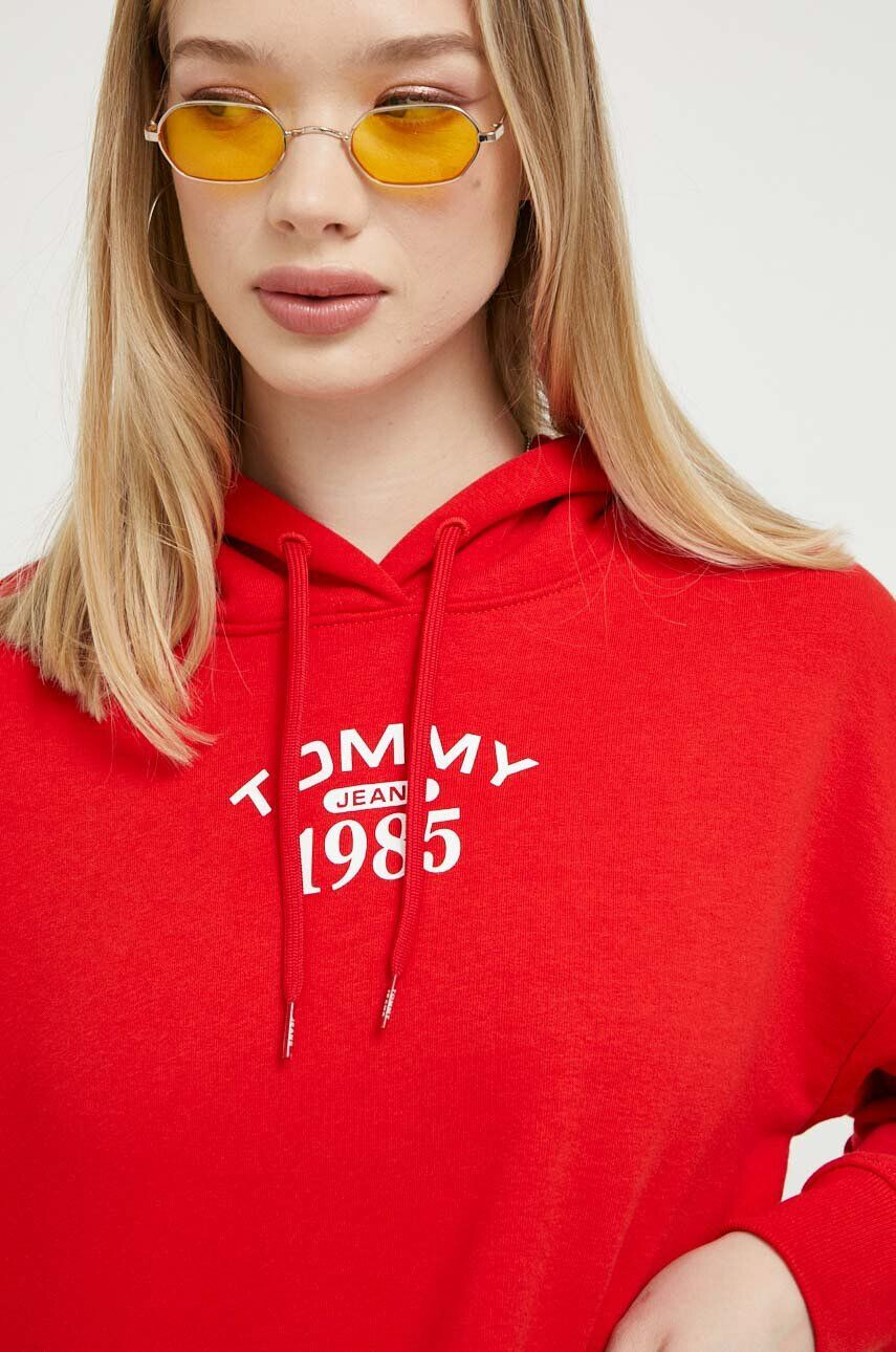 Tommy Jeans Mikina dámská červená barva s kapucí s potiskem - Pepit.cz